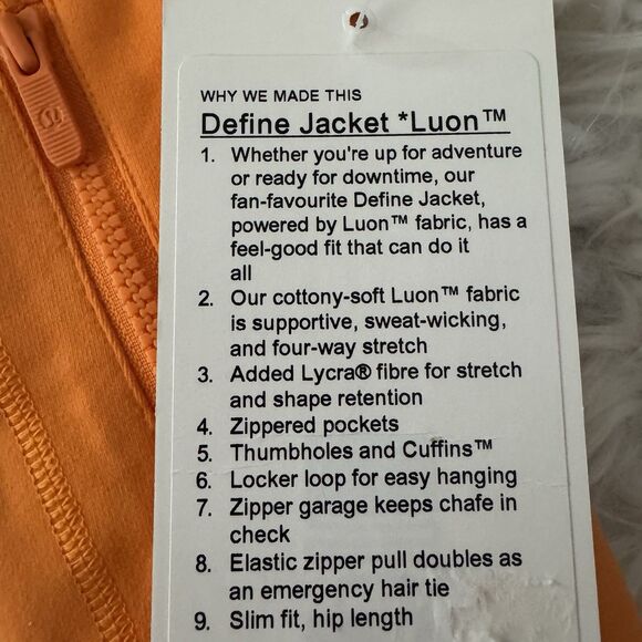 Lululemon Define Jacket Women’s Size 8 Luon Tiger Orange Full Zip Yoga Gym NWT - Picture 7 of 14